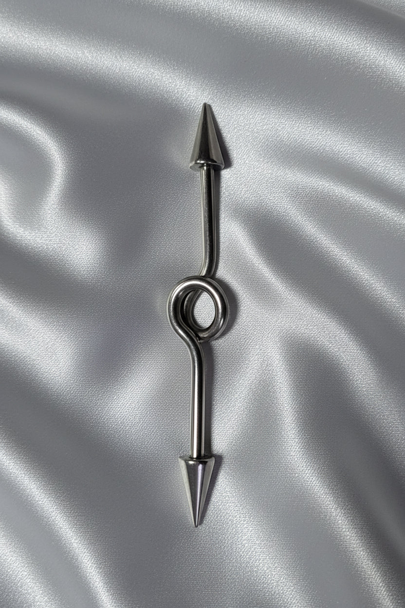 Industrial Ear Barbell with Spikes in 316l stainless steel horizontal close up detail