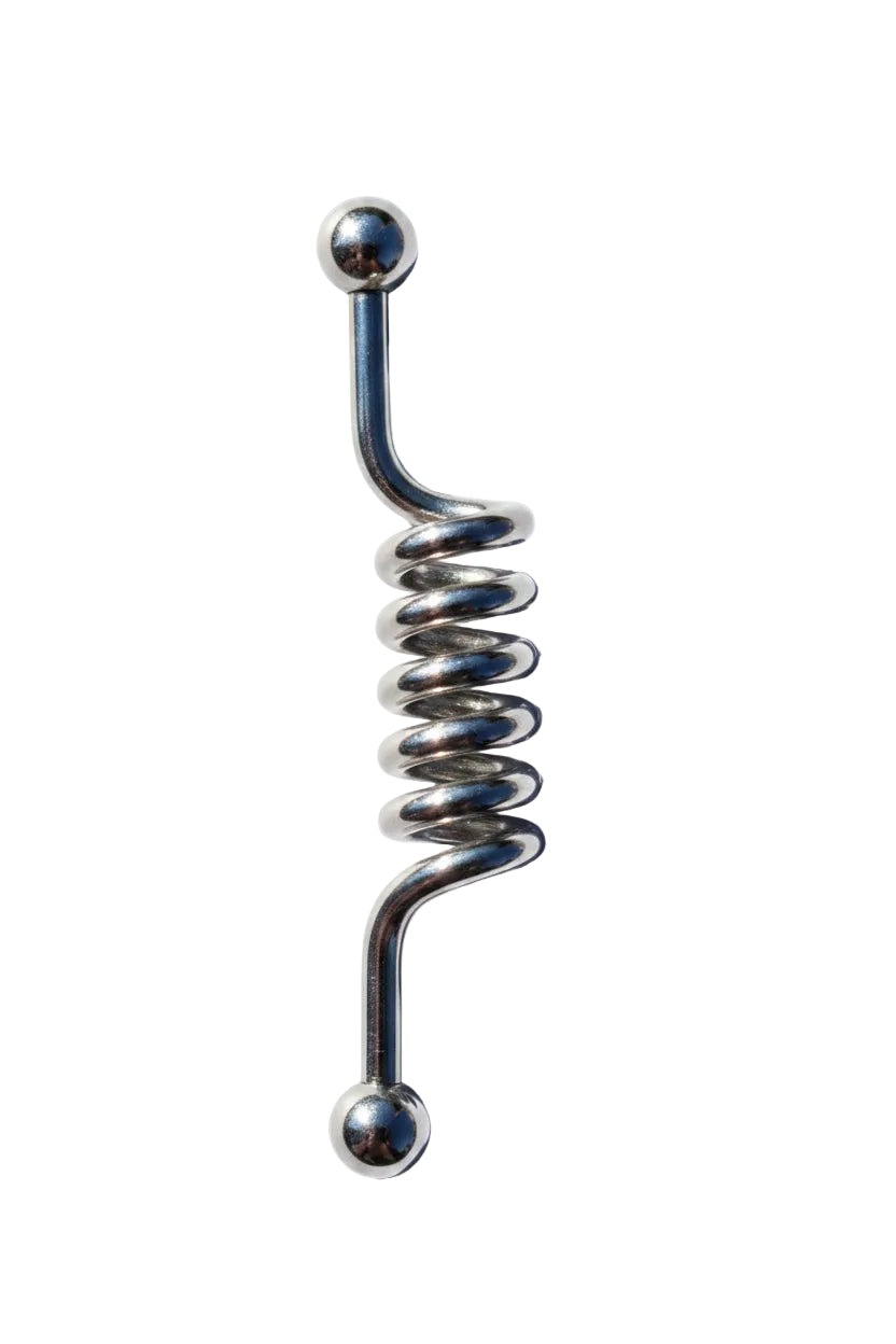 Coiled Industrial Ear Barbell in 316l stainless steel vertical view