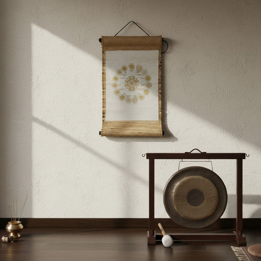 Ancient Vedic Sacred Geometry Symbols Oriental Bamboo Wall Tapestry hanging on a wall in a meditation studio.
