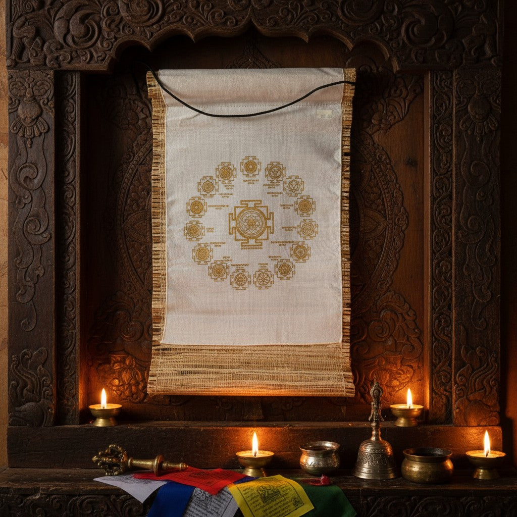 Ancient Vedic Sacred Geometry Symbols Oriental Bamboo Wall Tapestry hanging on a wall above a Tibetan altar showing gold symbol detail.