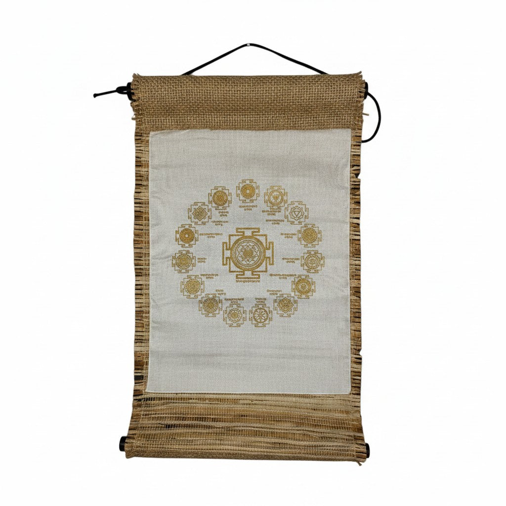 Ancient Vedic Sacred Geometry Symbols Oriental Bamboo Wall Tapestry on a white background showing full gold symbol design detail.