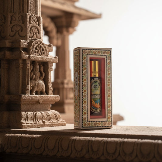 Spiritual Scents of India Temple Essential Oil in an ancient Indian temple setting.