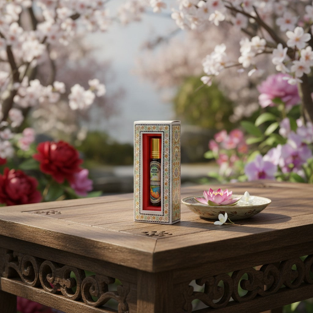 Spiritual Scents of India Temple Essential Oil on a wooden table in an oriental flower garden.