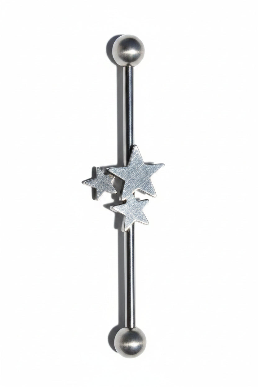 Stars Industrial Ear Barbell in 316l stainless steel vertical view