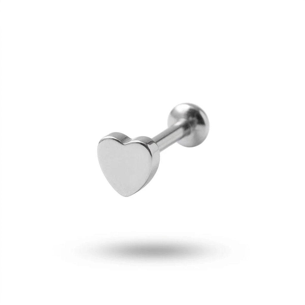 Internally Threaded Heart Labret Lip Ring in 316l stainless steel on a white background.