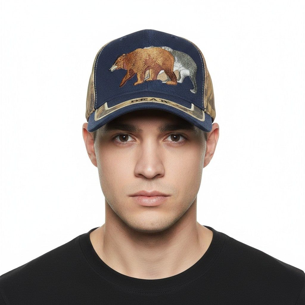 Strolling Bears Adjustable Blue and Camouflage Baseball Cap with a white background on a male model front profile.