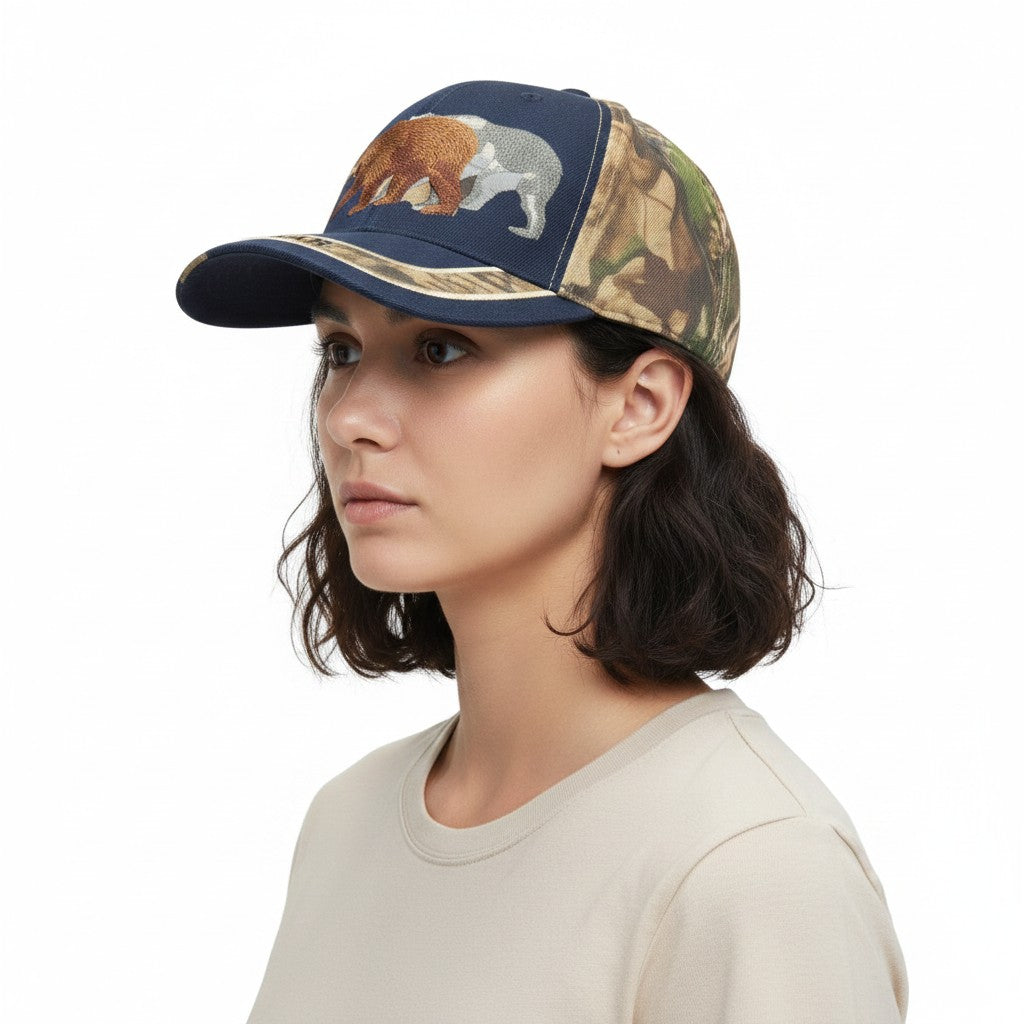 Strolling Bears Adjustable Blue and Camouflage Baseball Cap with a white background on a female model side profile.