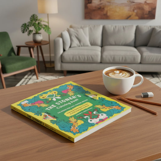 Trippy Psychedelic Artwork Mentally Relaxing Adult Coloring Book on a wooden table sitting next to a cup of coffee and art supplies in a cozy living room setting.