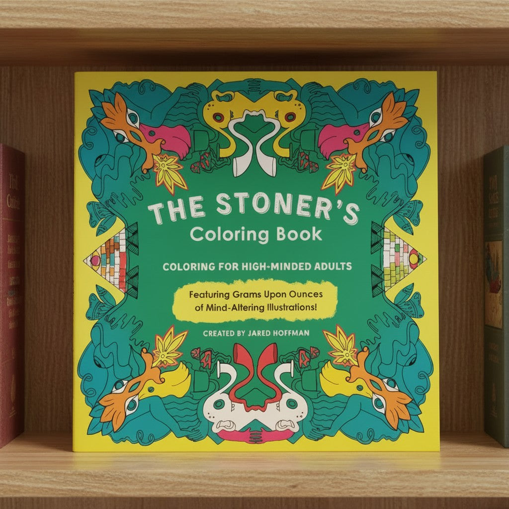 Trippy Psychedelic Artwork Mentally Relaxing Adult Coloring Book sitting on a bookshelf showing front cover detail.