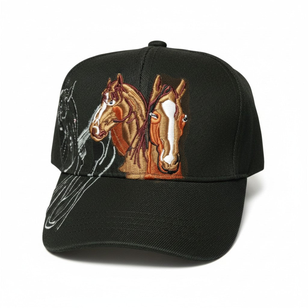 Brown Thoroughbred Horses Adjustable Black Baseball Cap with a white background showing front embroidered design.