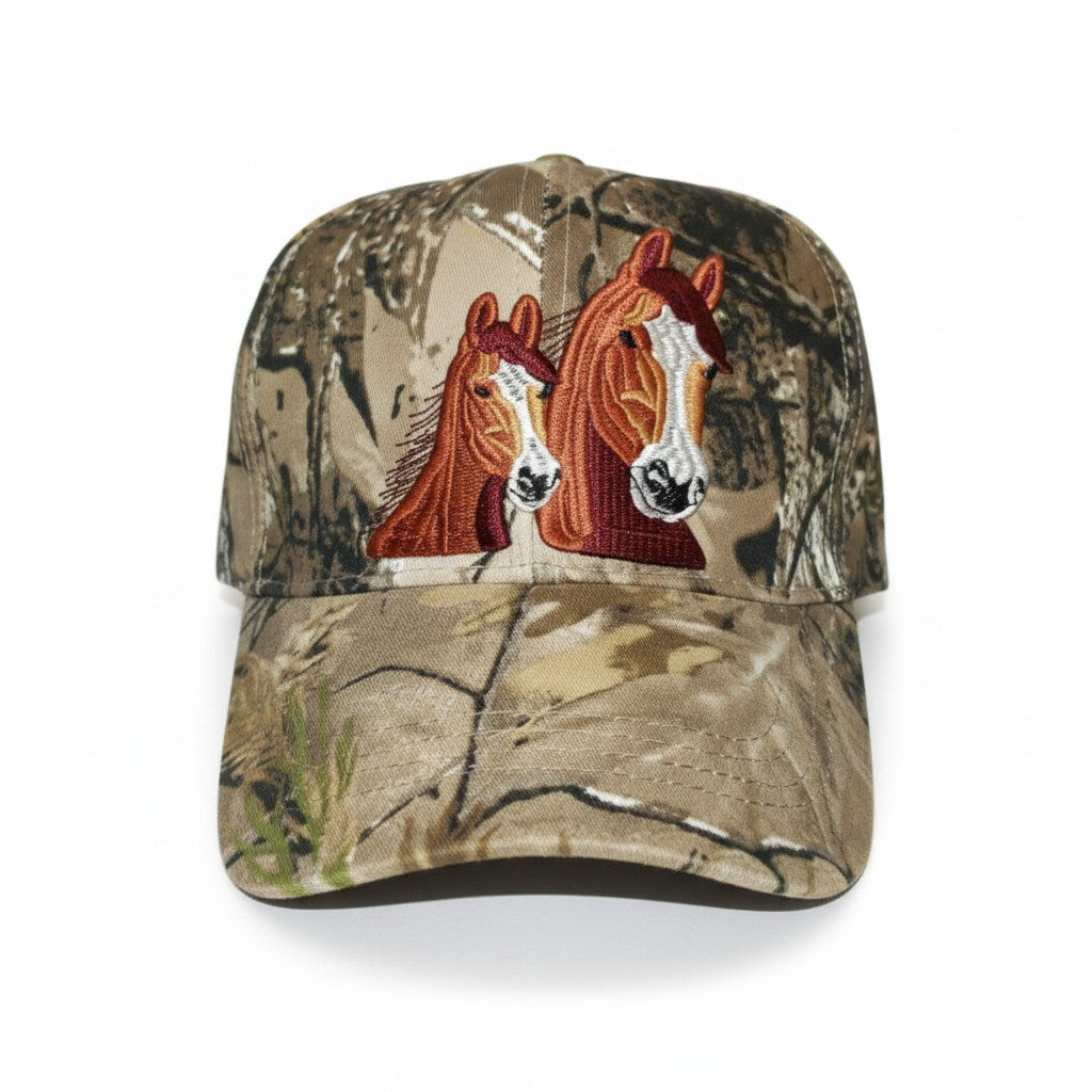 Brown Thoroughbred Horses Adjustable camouflage Baseball Cap with a white background showing front embroidered design.