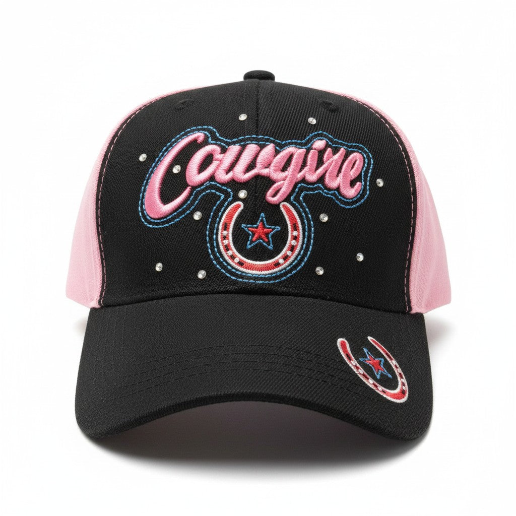Cowgirl with Horseshoes Adjustable Pink and Black Baseball Cap with a white background showing front embroidered design.