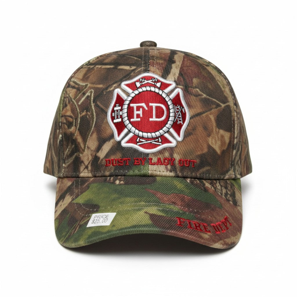 First In Last Out - Fire Department Logo Adjustable Camouflage Baseball Cap with a white background showing front embroidered design.