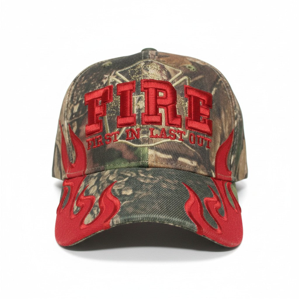 First In Last Out Fire and Flames Firefighter Adjustable Camouflage Baseball Cap with a white background showing front embroidered design.