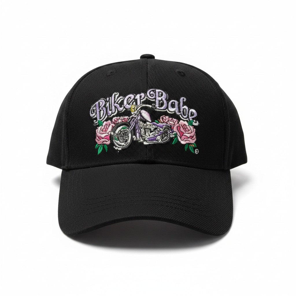 Floral Biker Babe Adjustable Black Baseball Cap with a white background showing front embroidered design.