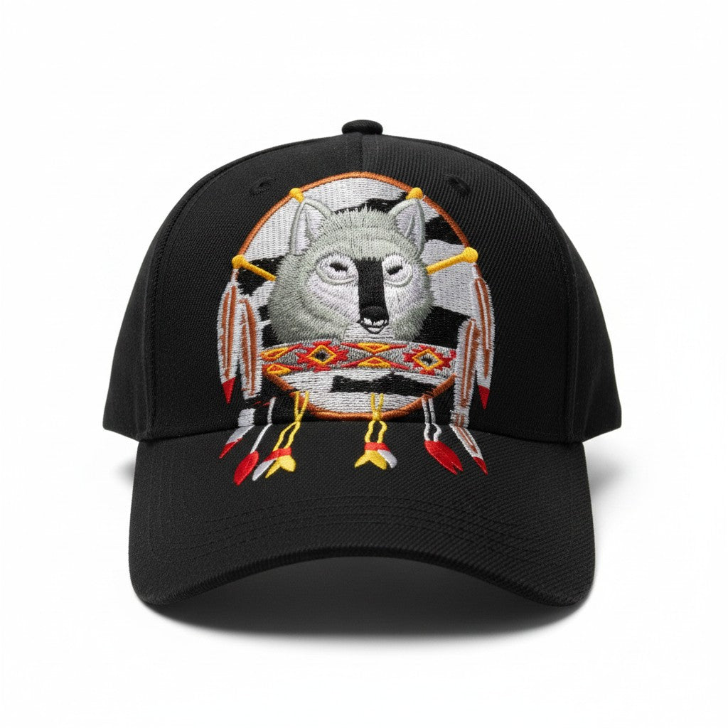 Grey Wolf with Dreamcatcher Adjustable Black Baseball Cap with a white background showing front embroidered design.