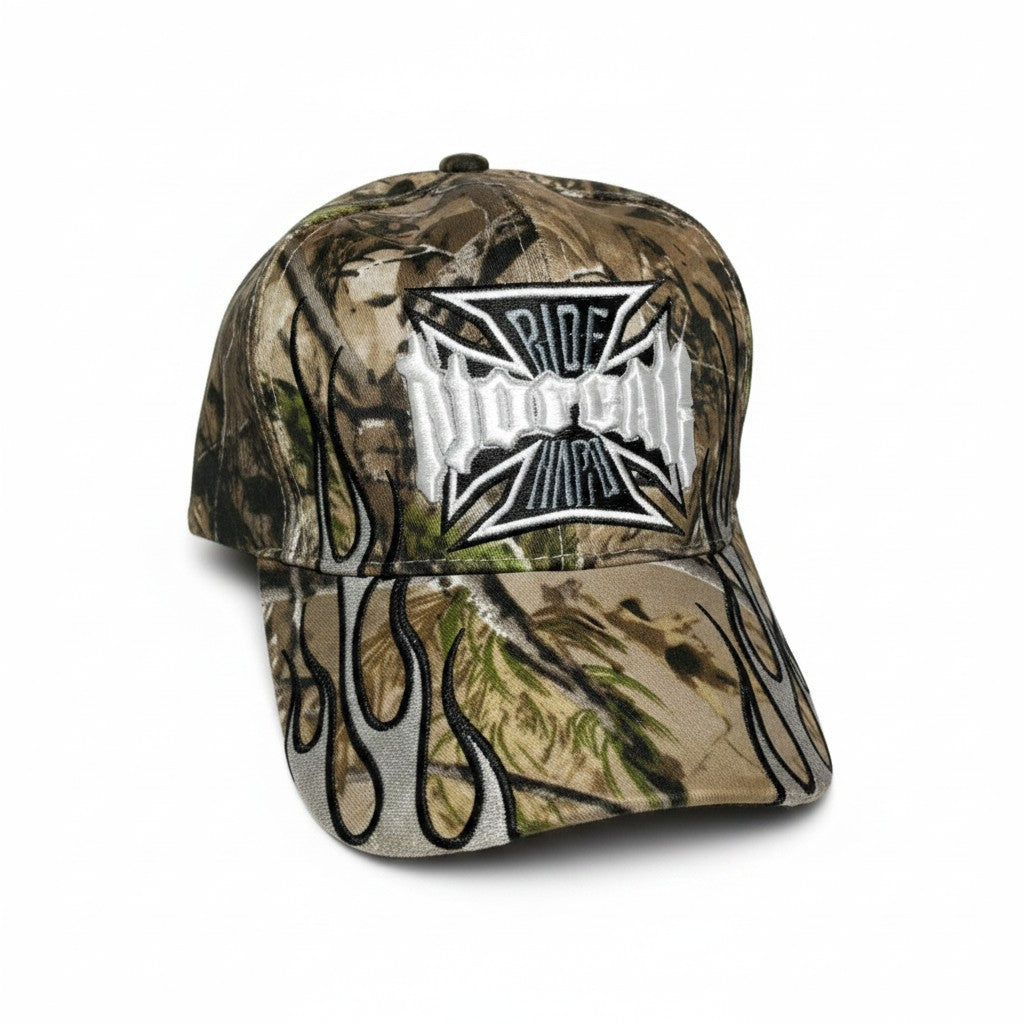 Maltese Cross "No Fear" Adjustable Camouflage Baseball Cap with a white background showing front embroidered design.