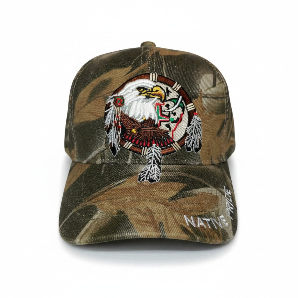 Native Pride Eagle with Dreamcatcher Adjustable Camouflage Baseball Cap with a white background showing front embroidered design.