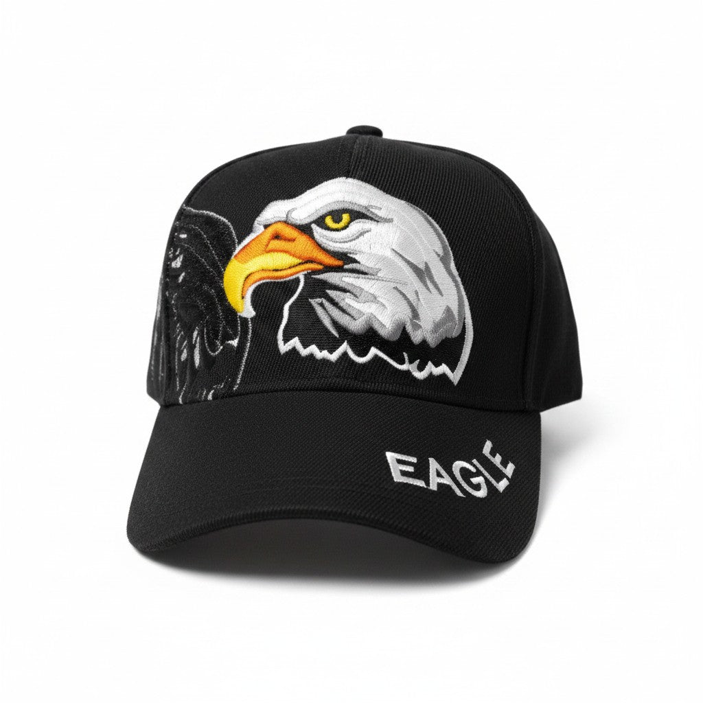 Proud Bald Eagle Adjustable Black Baseball Cap with a white background showing front embroidered design.
