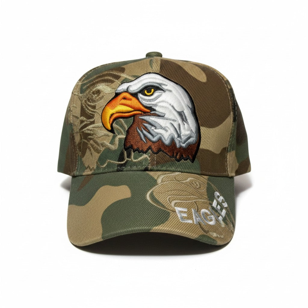 Proud Bald Eagle Adjustable Camouflage Baseball Cap with a white background showing front embroidered design.
