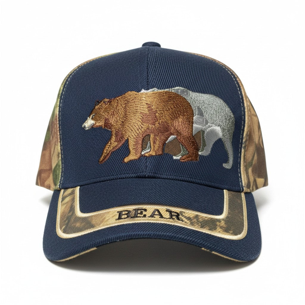 Strolling Bears Adjustable Blue and Camouflage Baseball Cap with a white background showing front embroidered design. 