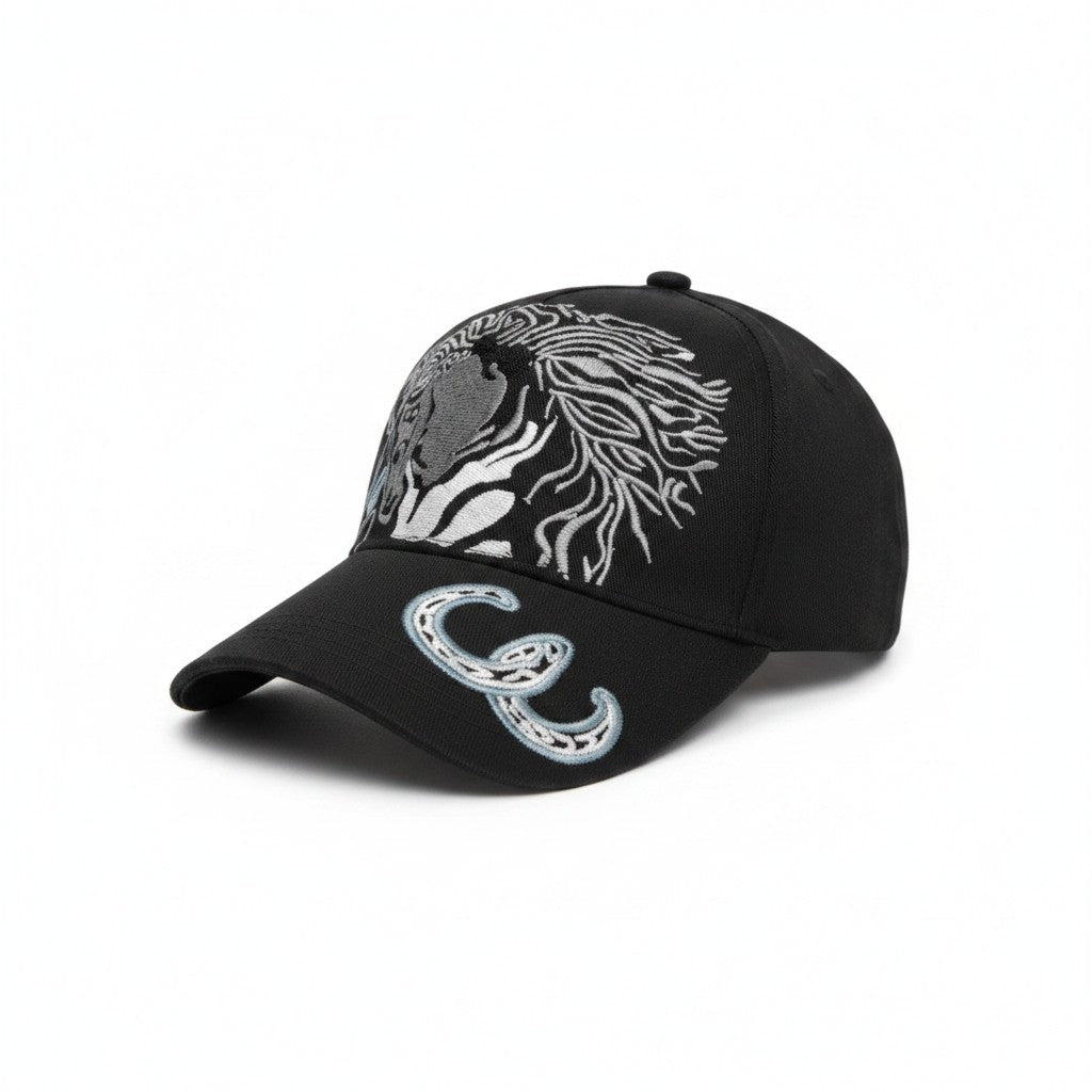 White Horses with Horseshoes Adjustable Black Baseball Cap with a white background side profile showing side embroidered horseshoes design.