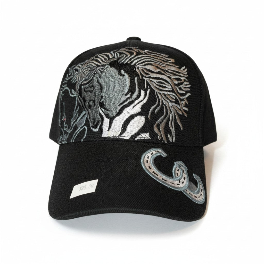 White Horses with Horseshoes Adjustable Black Baseball Cap with a white background showing front embroidered design.