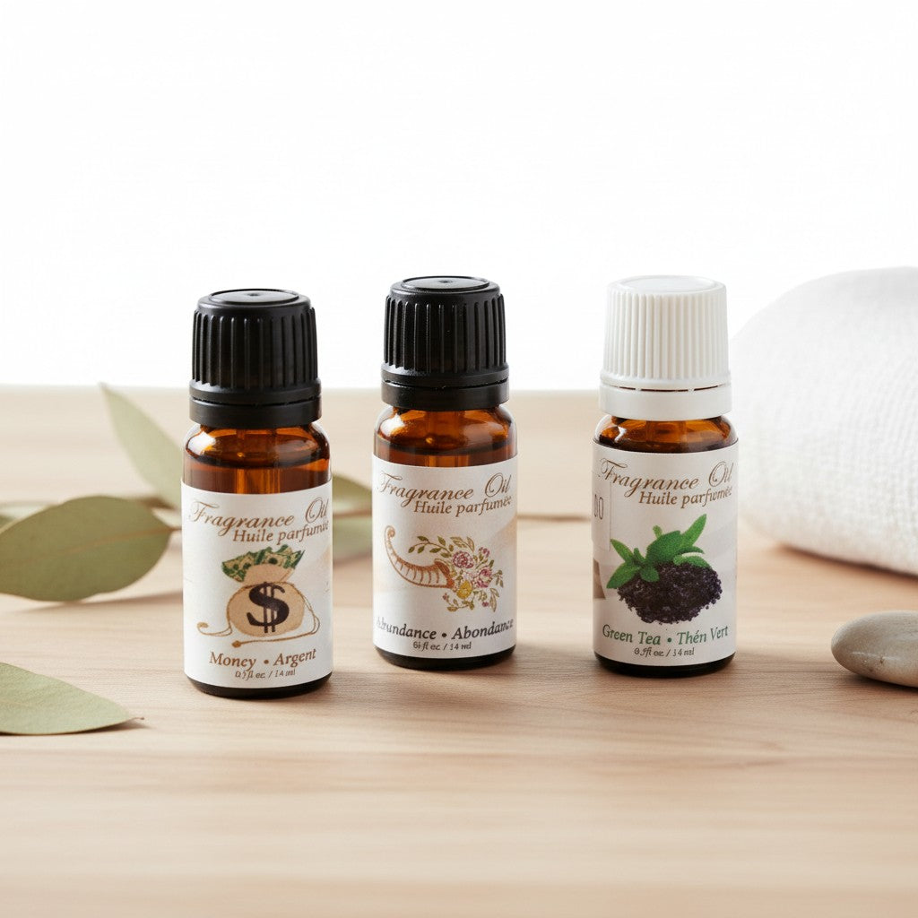 Wealth & Abundance Essential Oil Blends 3 Pack Special on a wooden surface in a yoga studio.