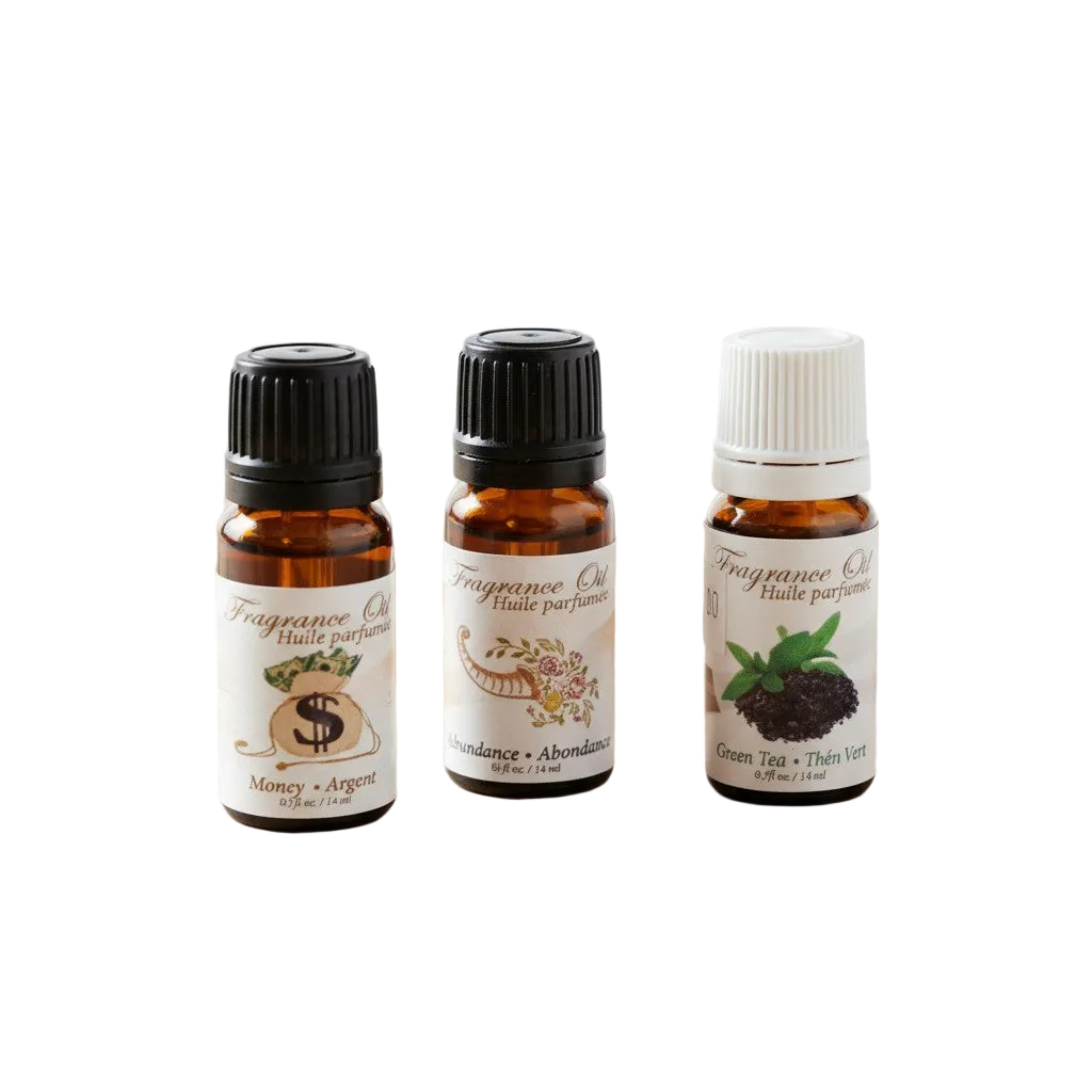 Wealth & Abundance Essential Oil Blends 3 Pack Special on a white background close up detail.