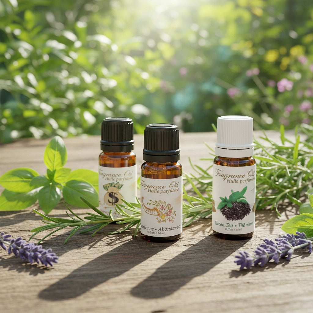 Wealth & Abundance Essential Oil Blends 3 Pack Special on a wooden table in an outdoor herb garden.