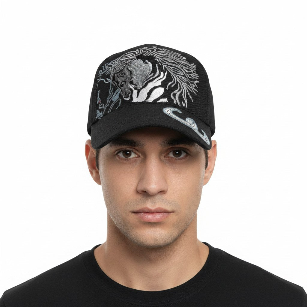 White Horses with Horseshoes Adjustable Black Baseball Cap with a white background on a male model front profile.