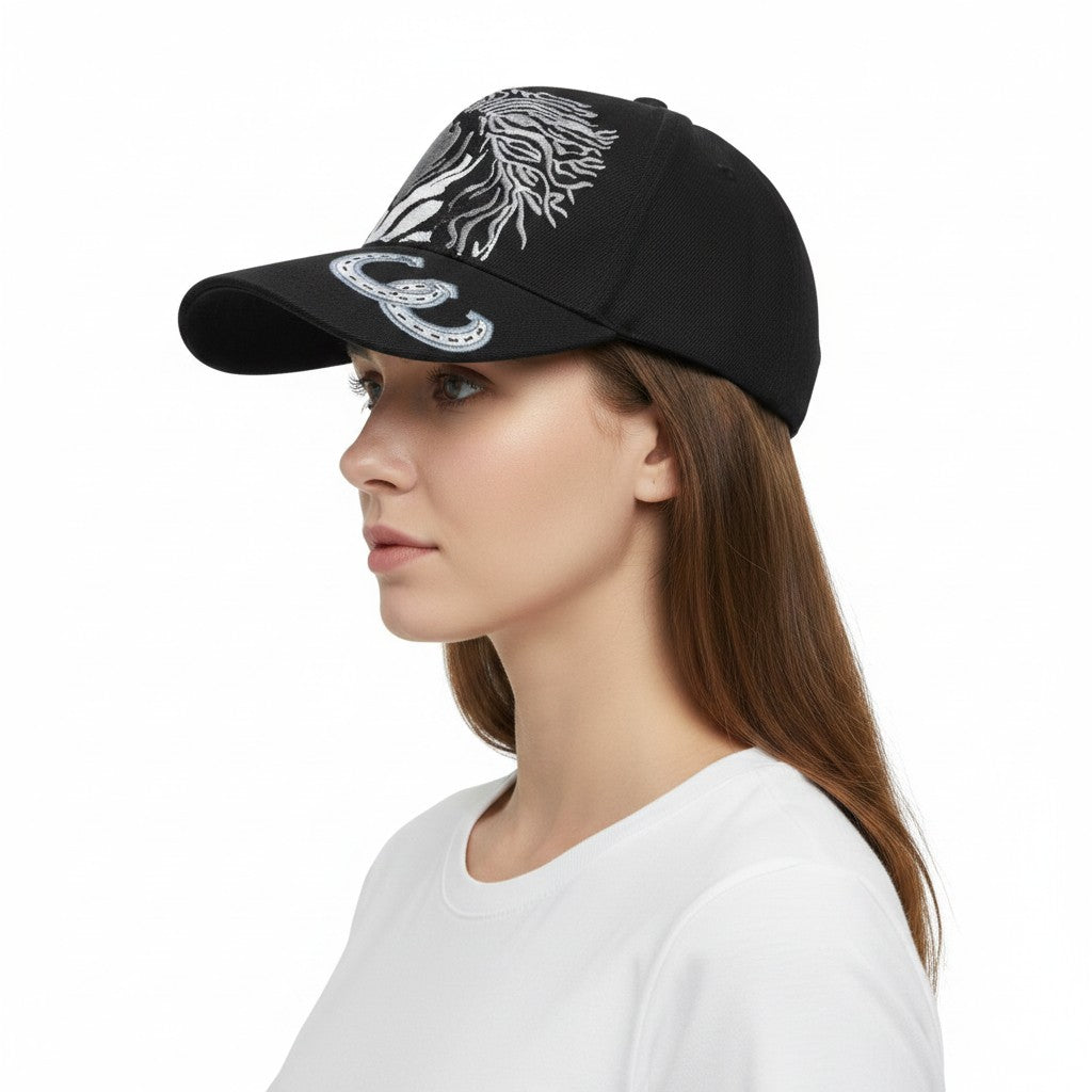 White Horses with Horseshoes Adjustable Black Baseball Cap with a white background on a female model side profile.