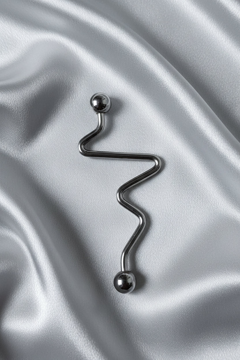 Zigzag Industrial Ear Barbell in 316l stainless steel angled view