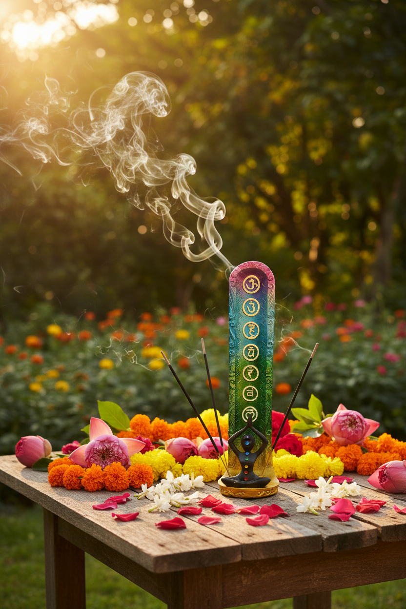 Chakra Meditation Resin Incense Holder on a wooden table in a Tibetan flower garden with incense burning and smoke rising.