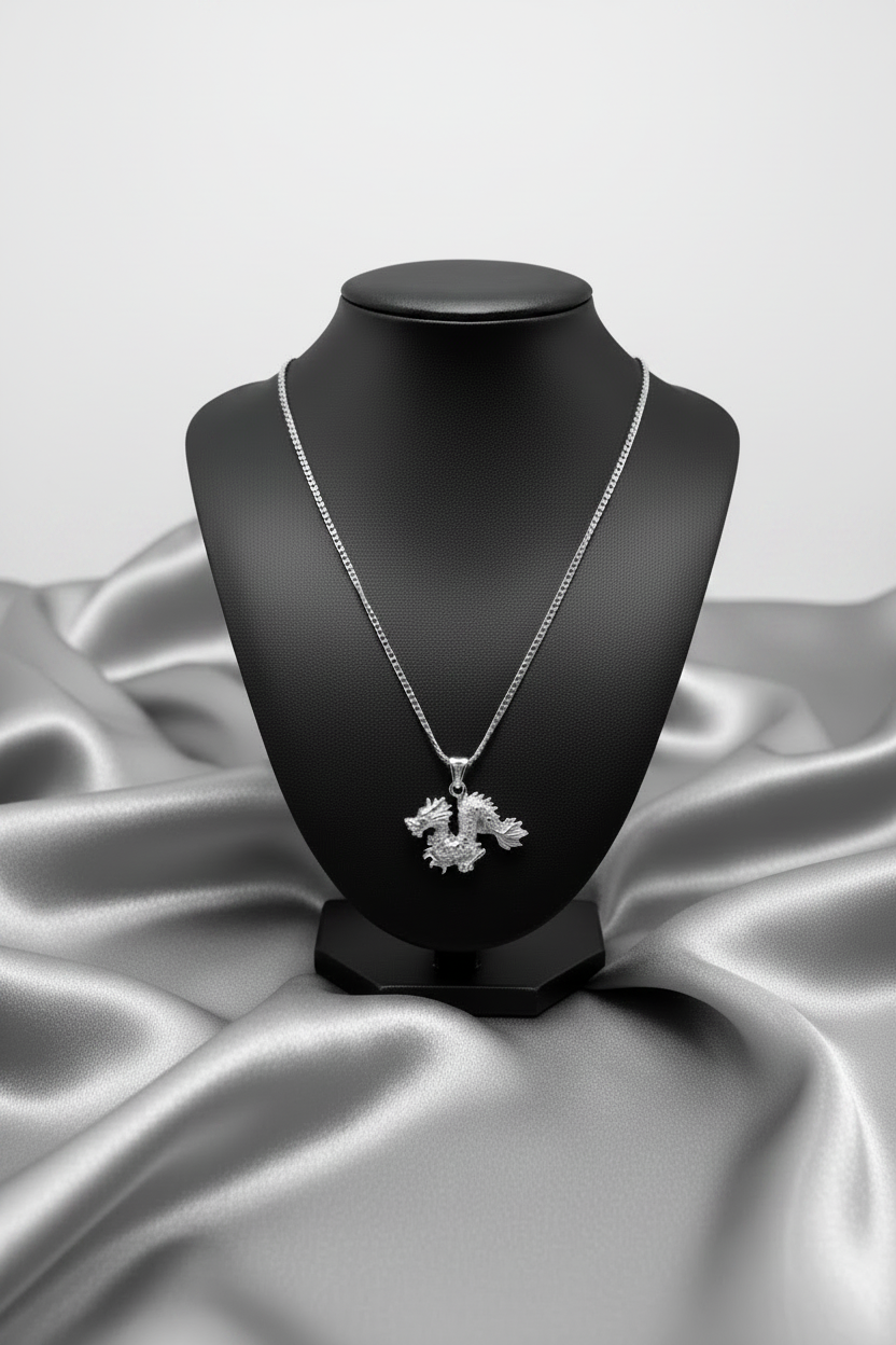 Dragon Steel Chain Necklace in 316l stainless steel on a black bust.