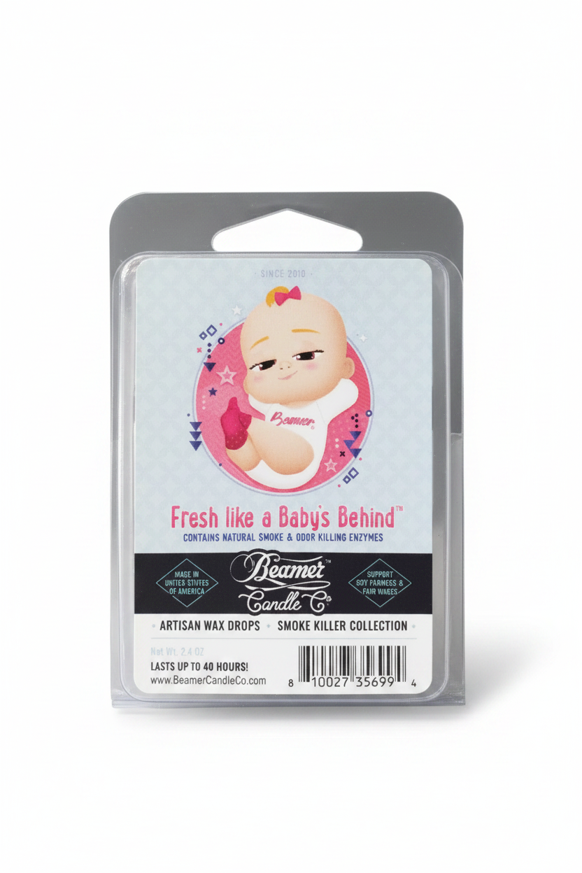 Beamer Smoke Eater "Fresh Like a Baby's Behind" Scented Soy Wax Melt on a white background showing label.