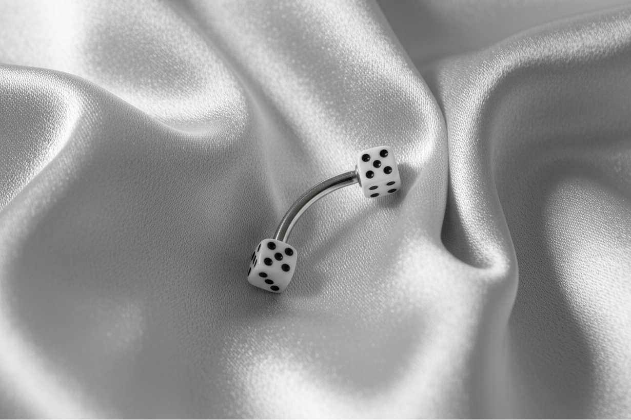 White Acrylic Dice Eyebrow Ring in 316l stainless steel.