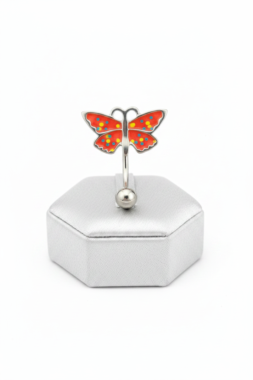 Red Butterfly Upside Down Belly Button Ring in 316l stainless steel on a silver jewelry display upright angle.
