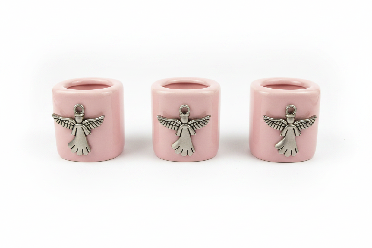 Pink Angel Ceramic Mini Candle Holder Set of Three on a white background.