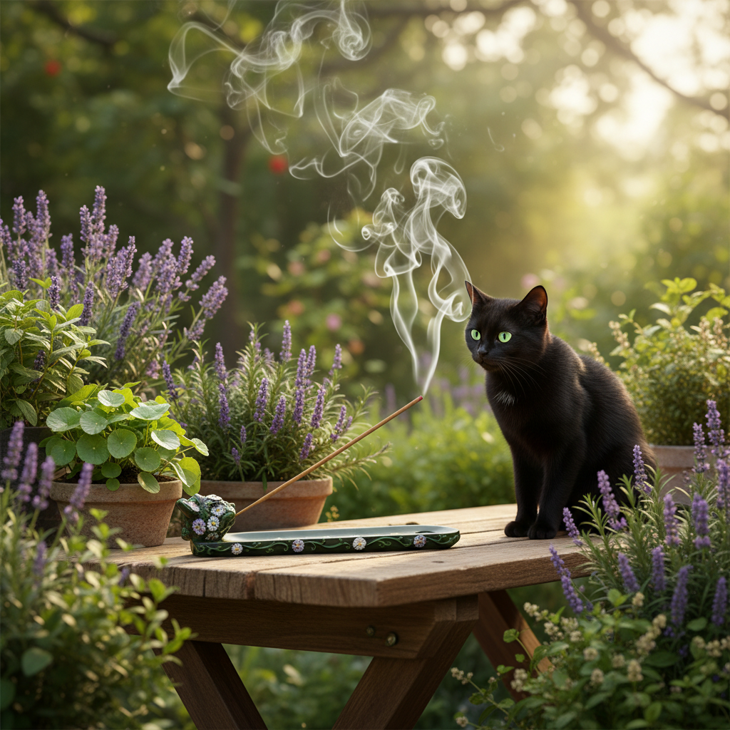 Floral Black Cat Resin Incense Holder - Free Incense on a wooden table in an herb garden with a black cat, incense burning and smoke rising.