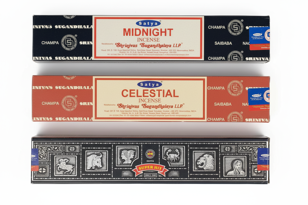 Saya Celestial, Midnight and Superhit incense on a white background. Free with purchase of Rainbow Skull Resin Incense Holder - Free Incense.
