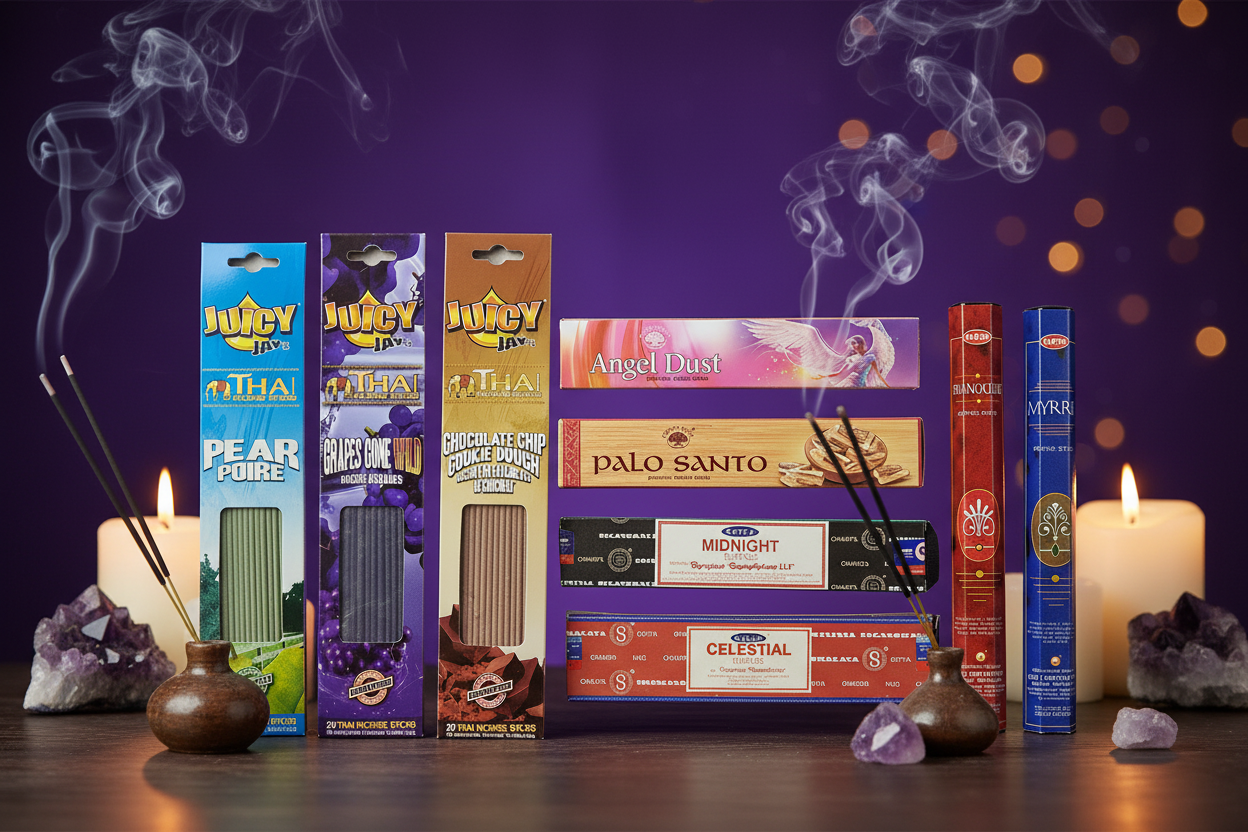 Midnight Snacks and Sacred Space Incense Variety Gift Package burning in a mystic setting with smoke rising.