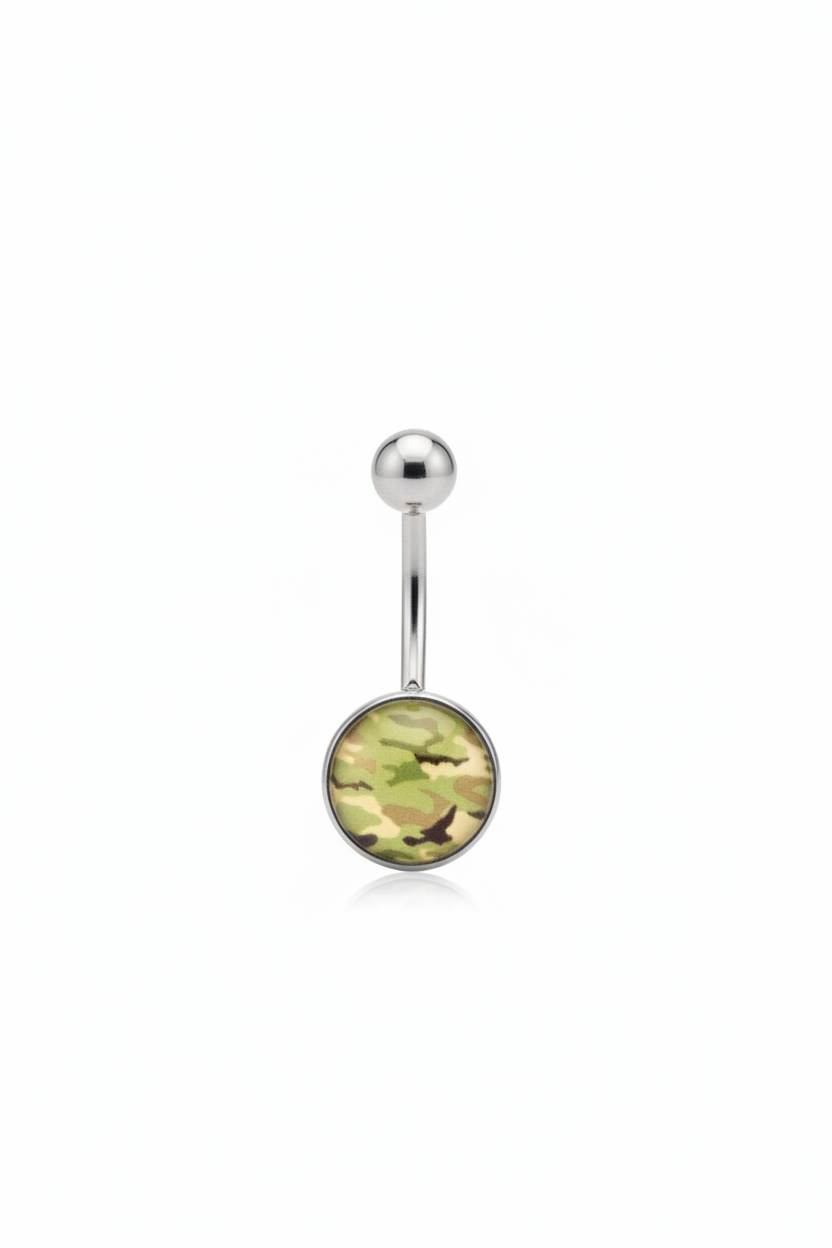 Green Camouflage Belly Button Ring in 316l stainless steel on a white background.