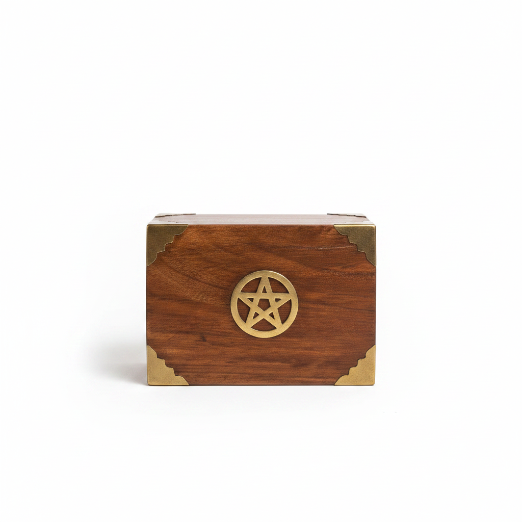 Brass Pentacle Wooden Keepsake Box on a white background showing decorated surface with pentacle symbol.