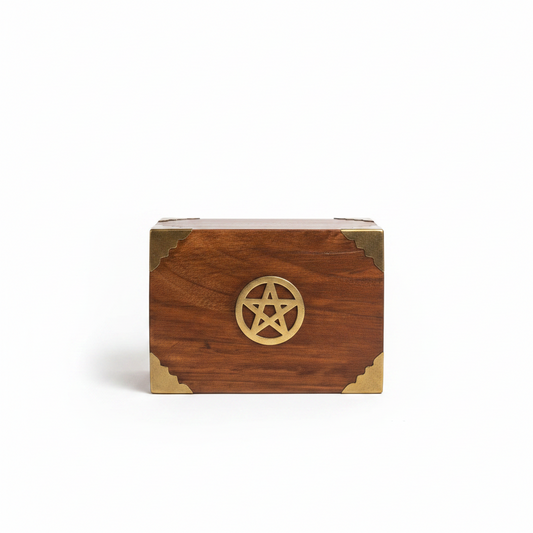 Brass Pentacle Wooden Keepsake Box on a white background showing decorated surface with pentacle symbol.