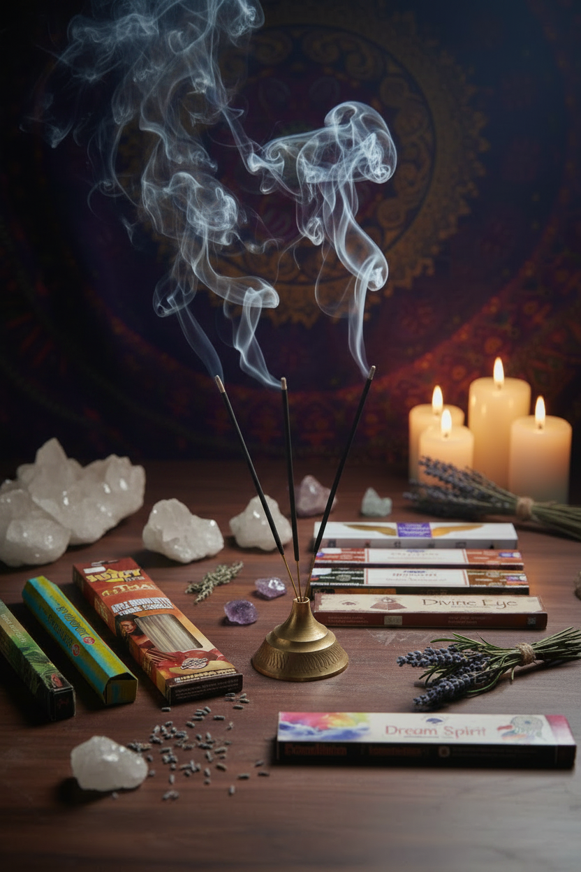 Poltergeist Protection Incense Variety Gift Package burning in a mystic setting with smoke rising.