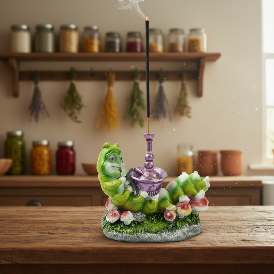 Caterpillar with Hookah Resin Incense Holder - Free Incense on the counter in a country cottage kitchen with incense burning and smoke rising.