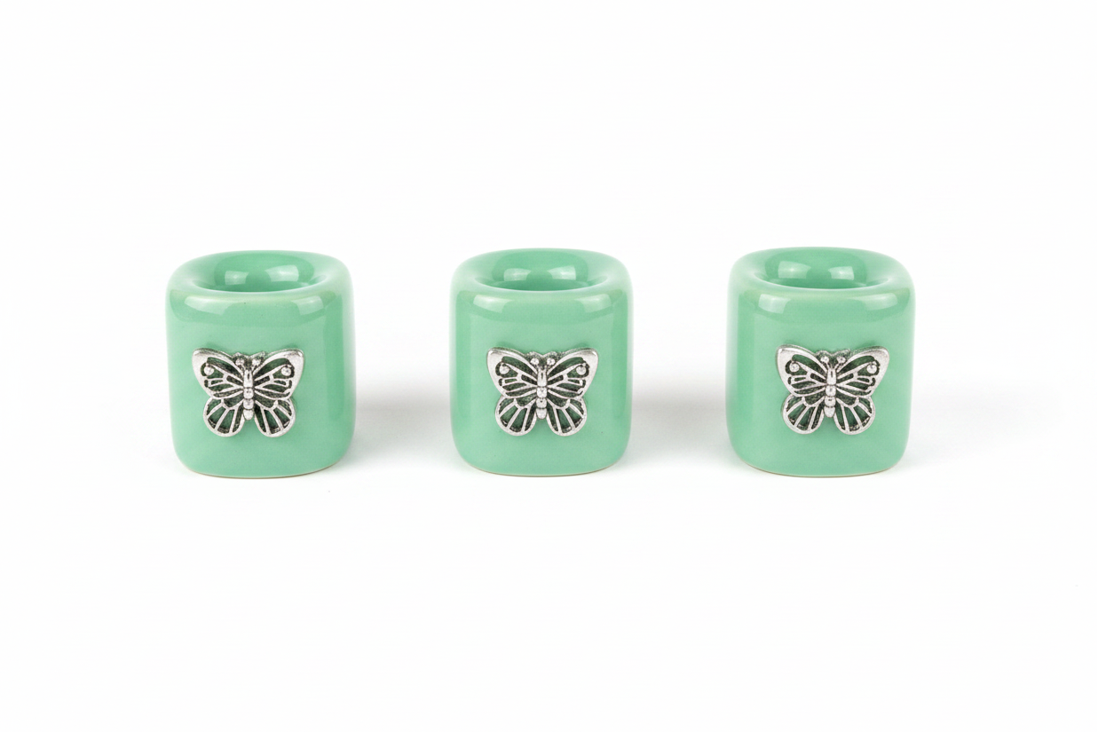 Green Butterfly Ceramic Mini Candle Holder Set of Three on a white background.
