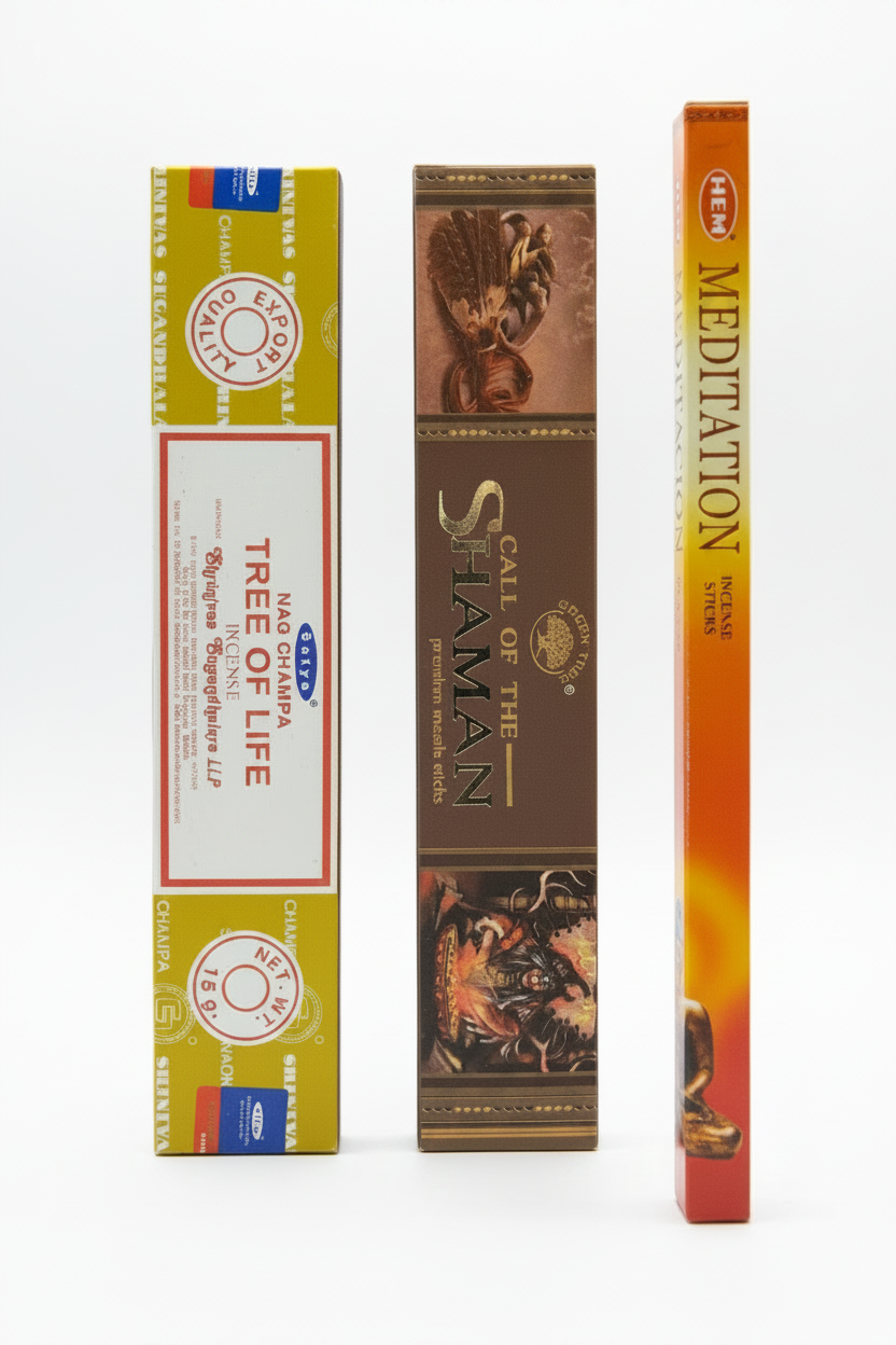 Green Tree Call of the Shaman, Satya Tree of Life and Hem Meditation incense on a white background. Free with purchase of Red Mushroom Resin Incense Holder - Free Incense.