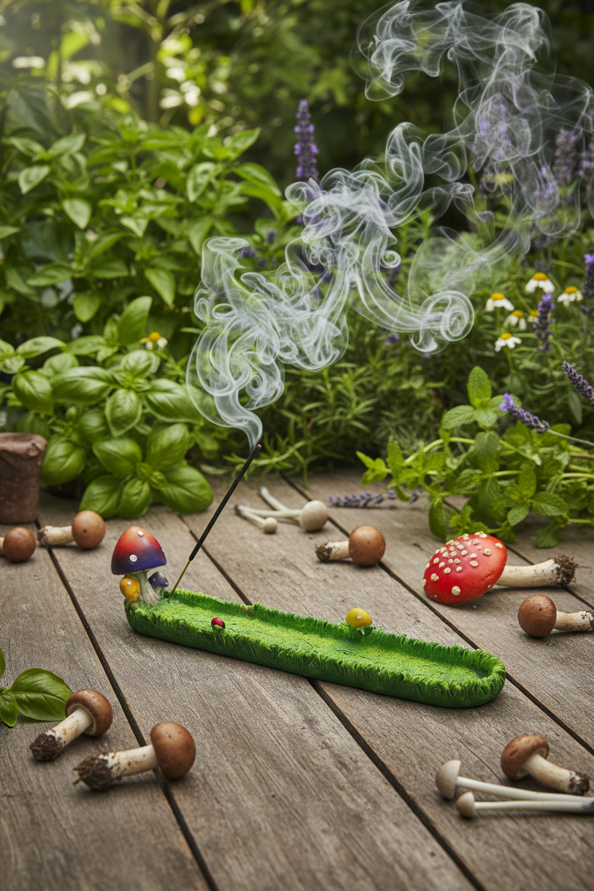 Red Mushroom Resin Incense Holder on a wooden table in a mushroom-herb garden with incense burning and smoke rising.